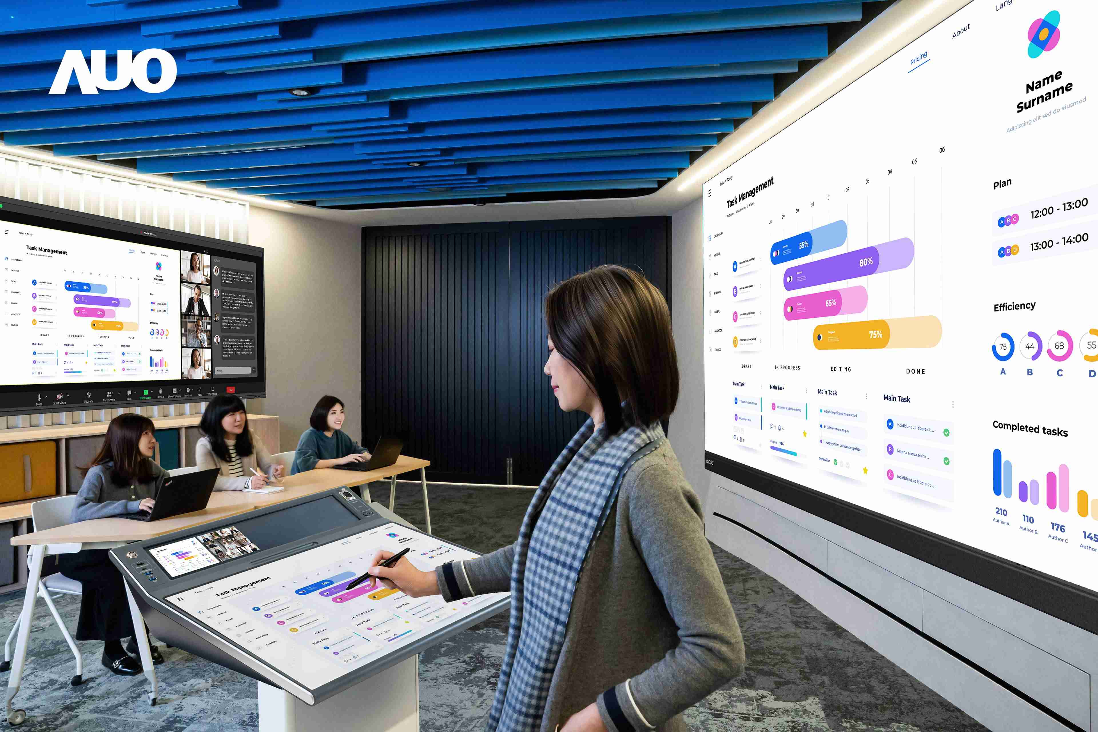 达擎携手Avocor与Rise Vision展示全方位商务领域应用，，包含采用模块化设计的138吋一体式All-in-One LED显示器及具21:9超宽比例的92吋交互式电子白板（IFPD），，，，讲者可轻松分享内容，，，有效提升会议协作效率。。